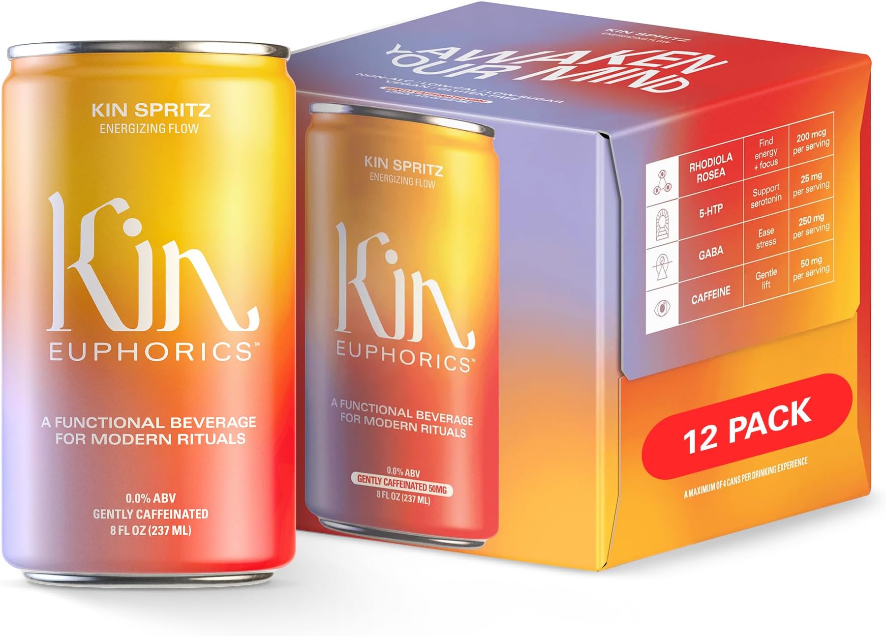 Kin Euphorics Kin Spritz Non-Alcoholic Functional Beverage | Invigorating Booster | Adaptogen & Nootropic Drink | Rhodiola Rosea, 5-HTP, GABA | Ready to Drink | 8 Fl Oz (12pk)