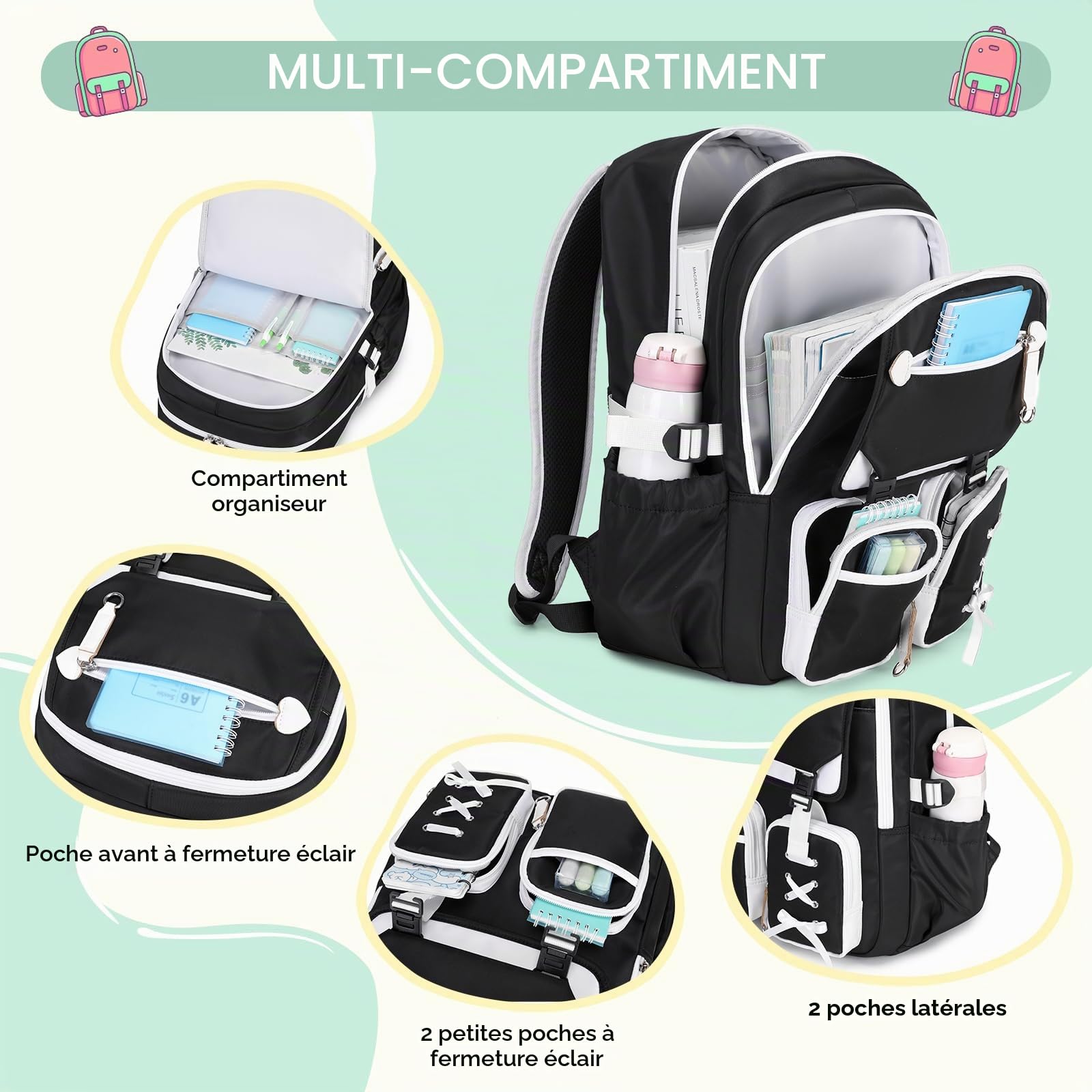 Tanou Cartable Fille Primaire Sac a Dos College, 3 Pièces Sac d'école Décontracté pour Filles avec Sac repas et Trousses, Élégants Cartable Adolescente Casual Daypack