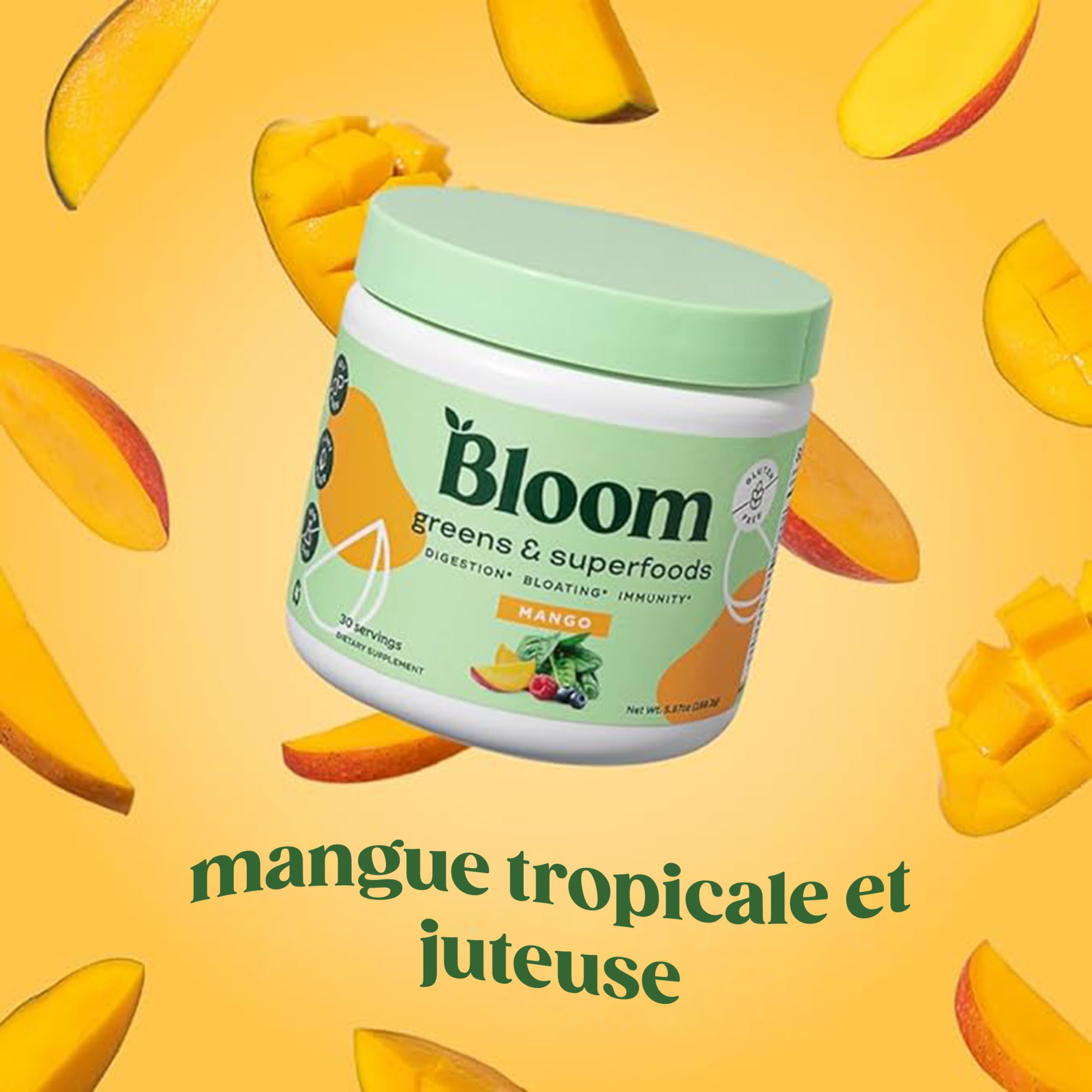 Bloom Superfood Powder Women - mangue - Avec probiotiques, enzymes, spiruline, chlorella - Favorise la santé intestinale, la désintoxication et l'énergie - Anti-bloating - 25 portions - Smoothie Boost