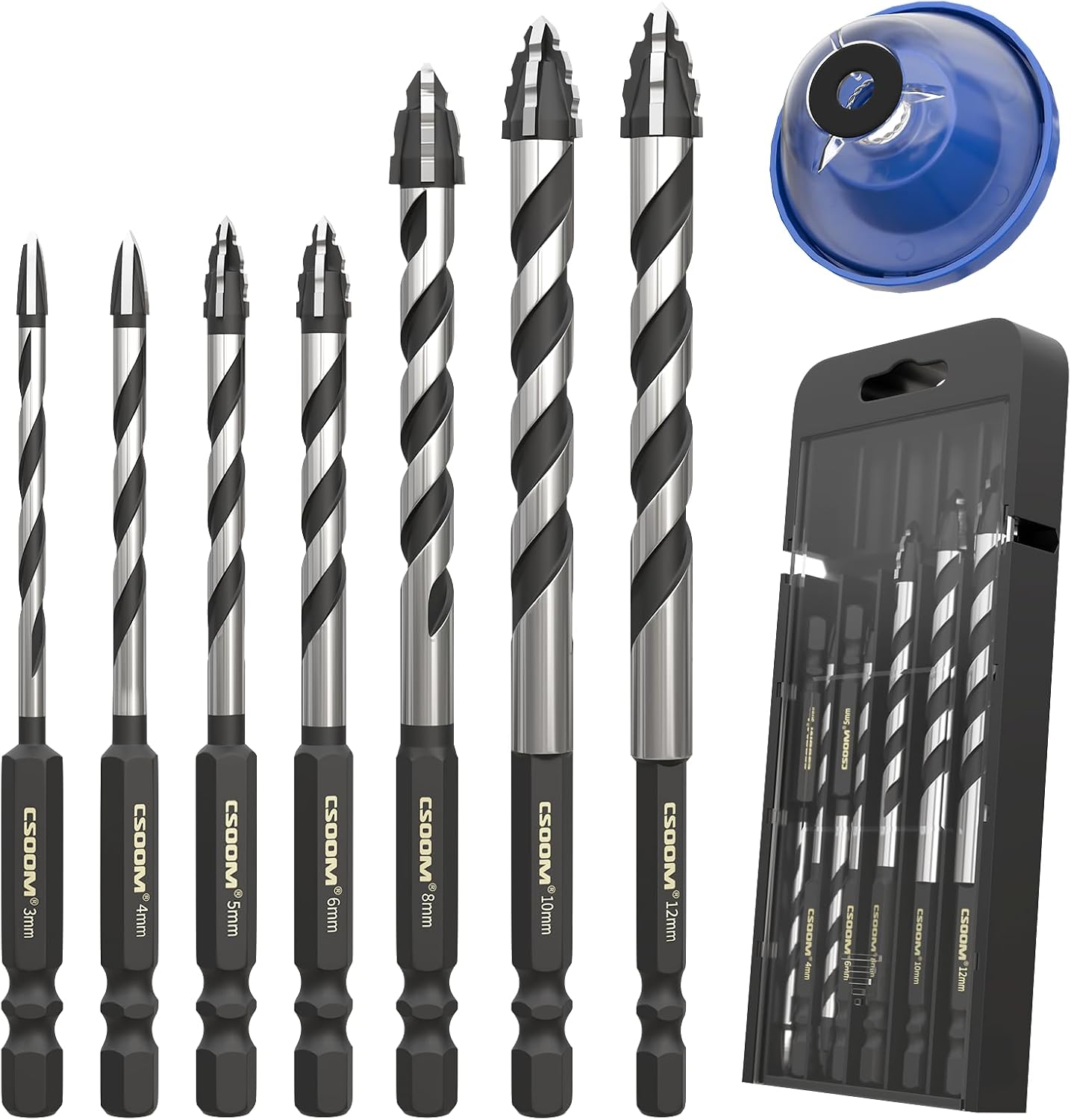 CSOOM Tile Drill Glass Drill Set with Innovative Dust Protection 7-Piece Tile Drill Set for Porcelain Ceramic Tiles Concrete Drilling Walls and Wood 3 4 5 6 8 10 12 mm