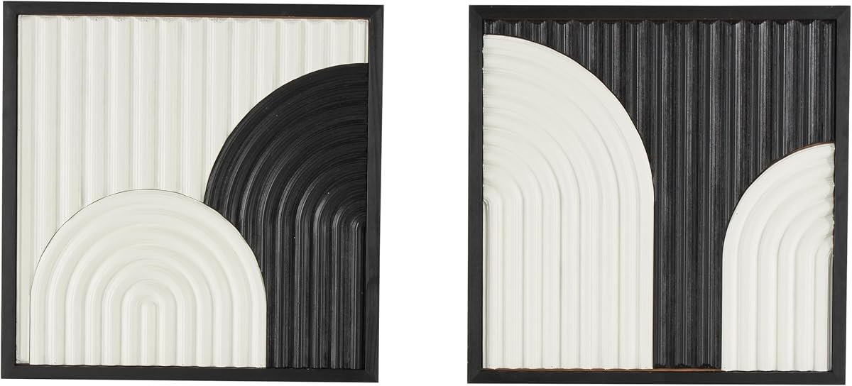 Deco 79 Escultura de pared geométrica de madera hecha a mano para decoración de pared del hogar con arcos superpuestos con marco negro, juego de 2 arte de pared de 16.0 in de ancho, 16.0 in de alto, blanco