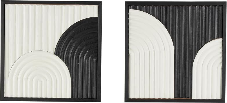 Deco 79 Wood Geometric Handmade Home Wall Decor Overlapping Arches Wall Sculpture with Black Frame, Set of 2 Wall Art 16" W, 16" H, White
