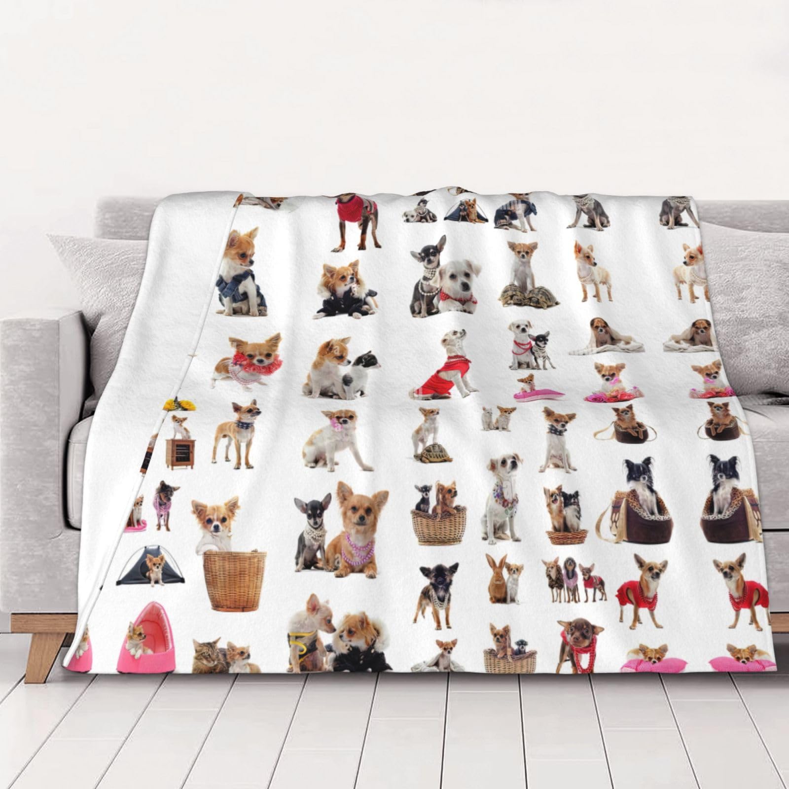 Couverture flanelle carlin Chihuahua plaid léger pour salon et voiture