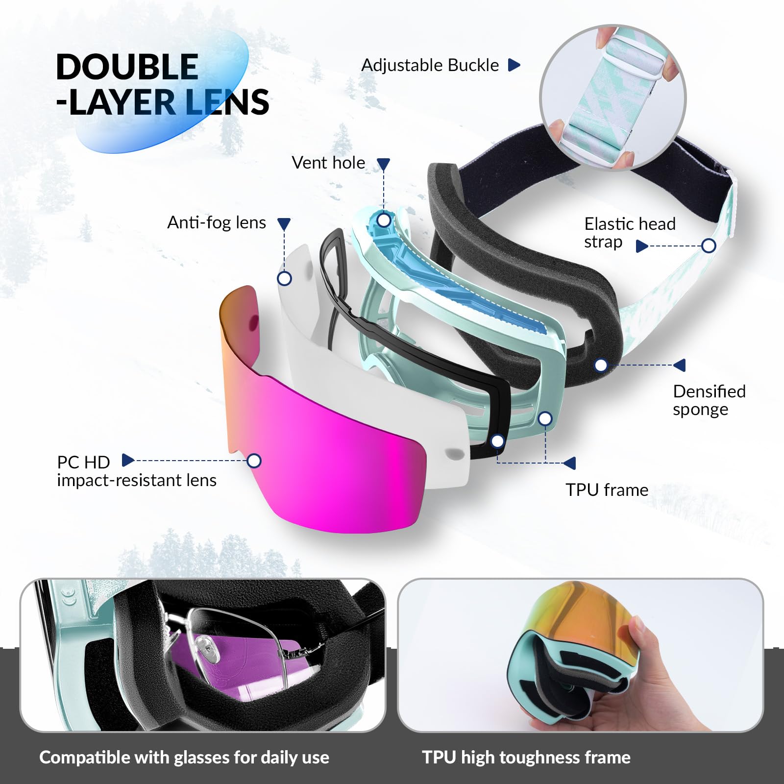 Lunettes Ski Anti-Buée OTG Homme Femme HD Anti-UV Sphérique Snowboard Goggles Anti-Éblouissant Masque Grand Vision Motoneige Élastique Respirant Compatible avec Casque Hiver Noir Violet Vert