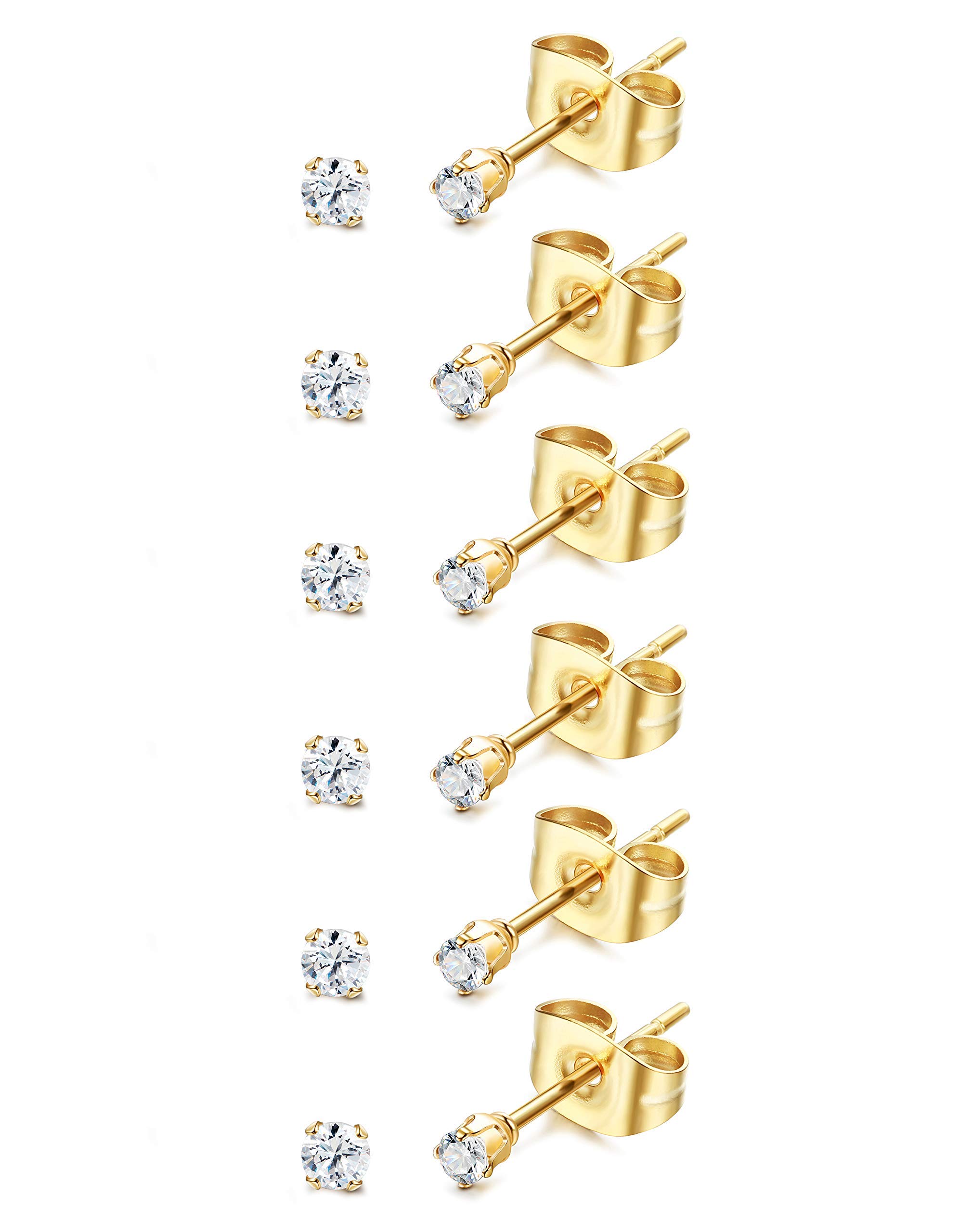 BESTEEL6 Pairs Stainless Steel Stud Earrings For Mens Womens Tiny 2mm CZ Earring Studs Black Silver Gold Small Earrings Round Ball Cartilage Earrings Set