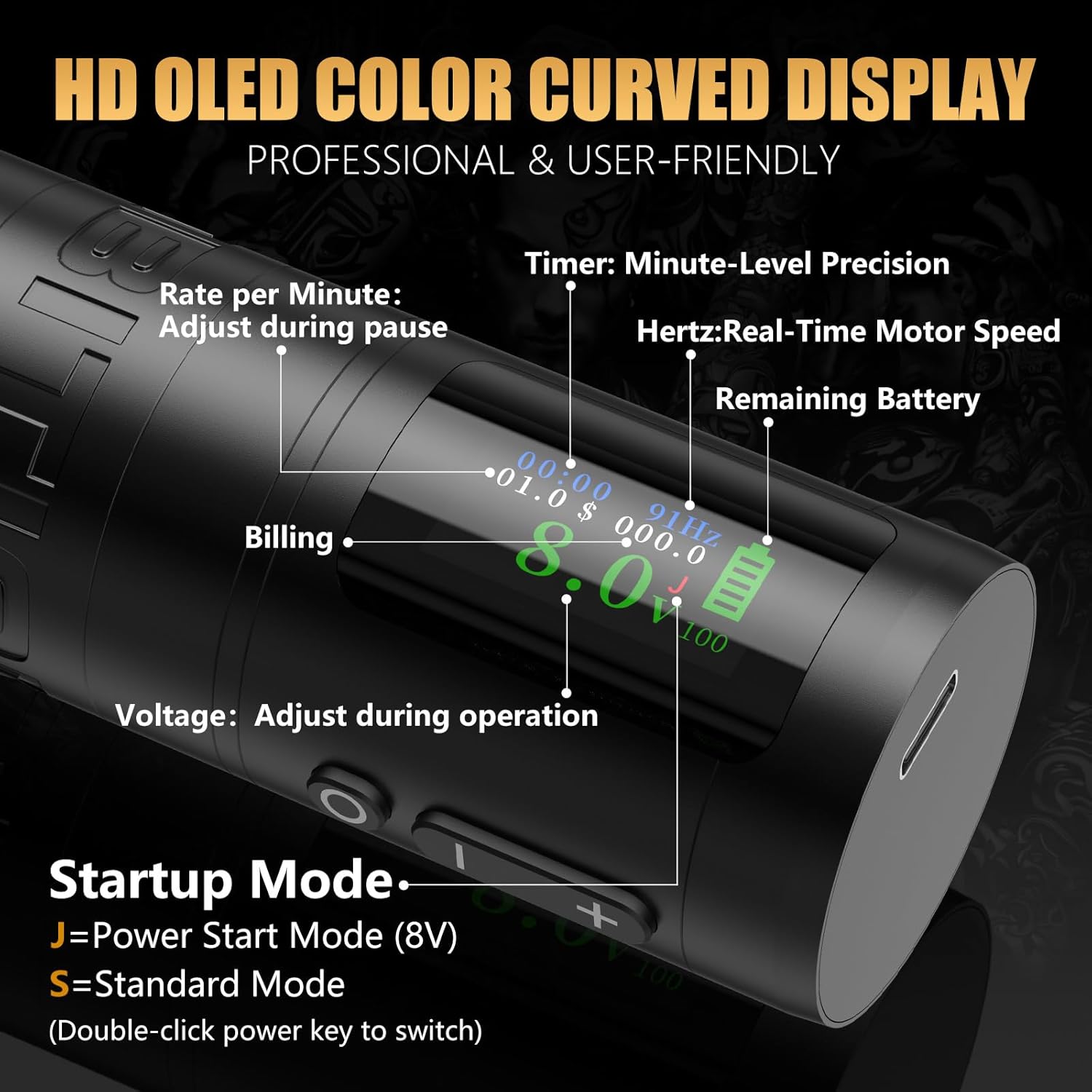 HD OLED Color Curved Display of Ambition C1 Tattoo Machine