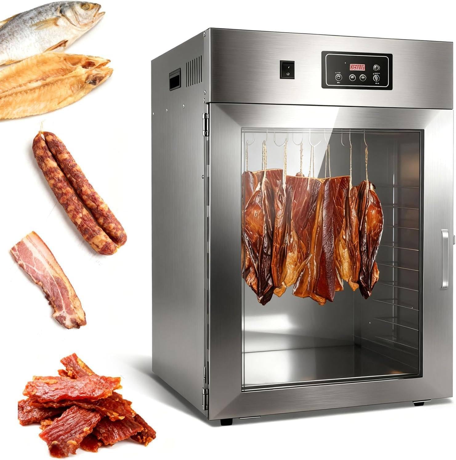 Food Dehydrator Machine, 800W Stainless Steel Meat Dehydrator, Meat Curing Chamber with 14 Hooks, 30-90℃ Temp Control and 24h Timer for Jerky, Sausage, Can Dry 15kg