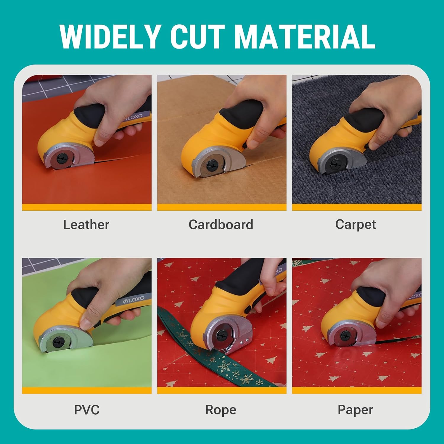 Six images showing the VLOXO Cordless Electric Scissors cutting various materials: Leather, Cardboard, Carpet, PVC, Rope, and Paper.
