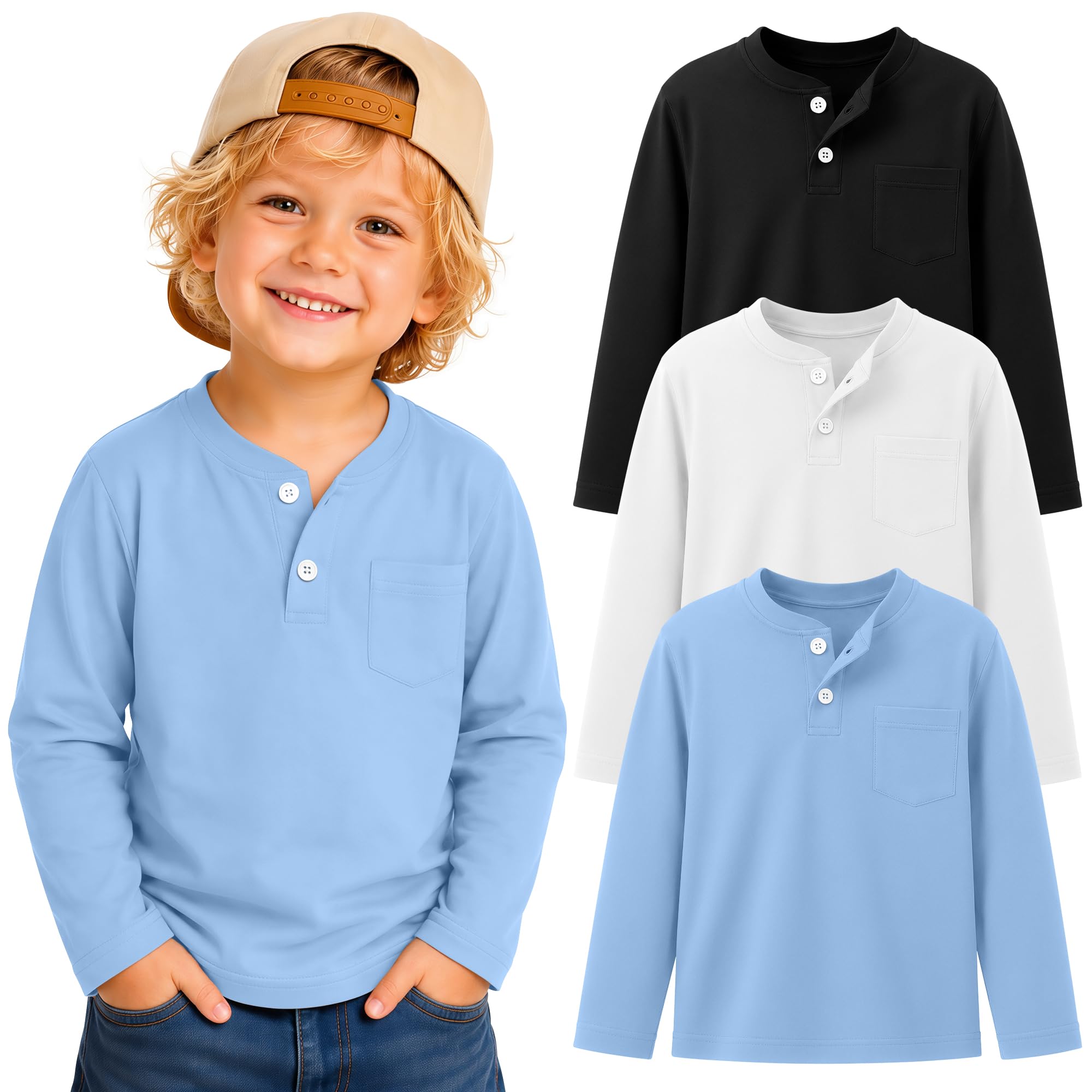 3 Pack Toddler Boy Long Sleeve Henley Tops 18M-5T