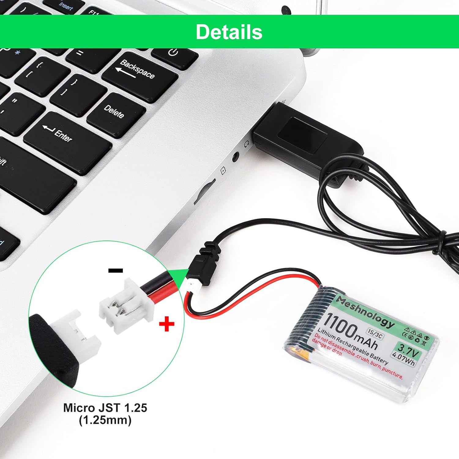 2PCS 3.7V 1100mAh Li Battery with USB Charger Cable 102540 1S LiPo Battery with Protection Board Insulated Rubber Tape and Micro JST 1.25 Plug for Arduino ESP32 Module Board Drone RC Car