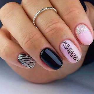 24Pcs Sparkly Press on Nails with Leopard Print Design, Glossy Pink Glitter False Nails Gel Glue on Nails, Black Solid Color Short Square Manicure Art Acrylic Fake Nails Stick on Nails for Women Girls
