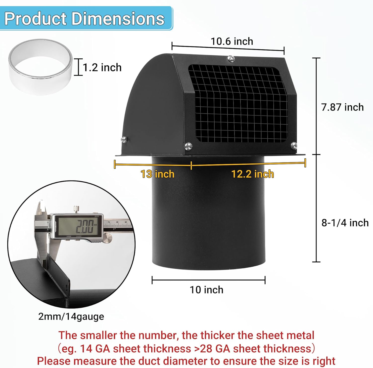 neoaider 10 inch hooded wall vent cover with screen and damper, 14ga/2mm thick heavy-duty steel vent covers for wall, vent cover for dryer ventilation and outdoor air exhaust, white 10 inch black