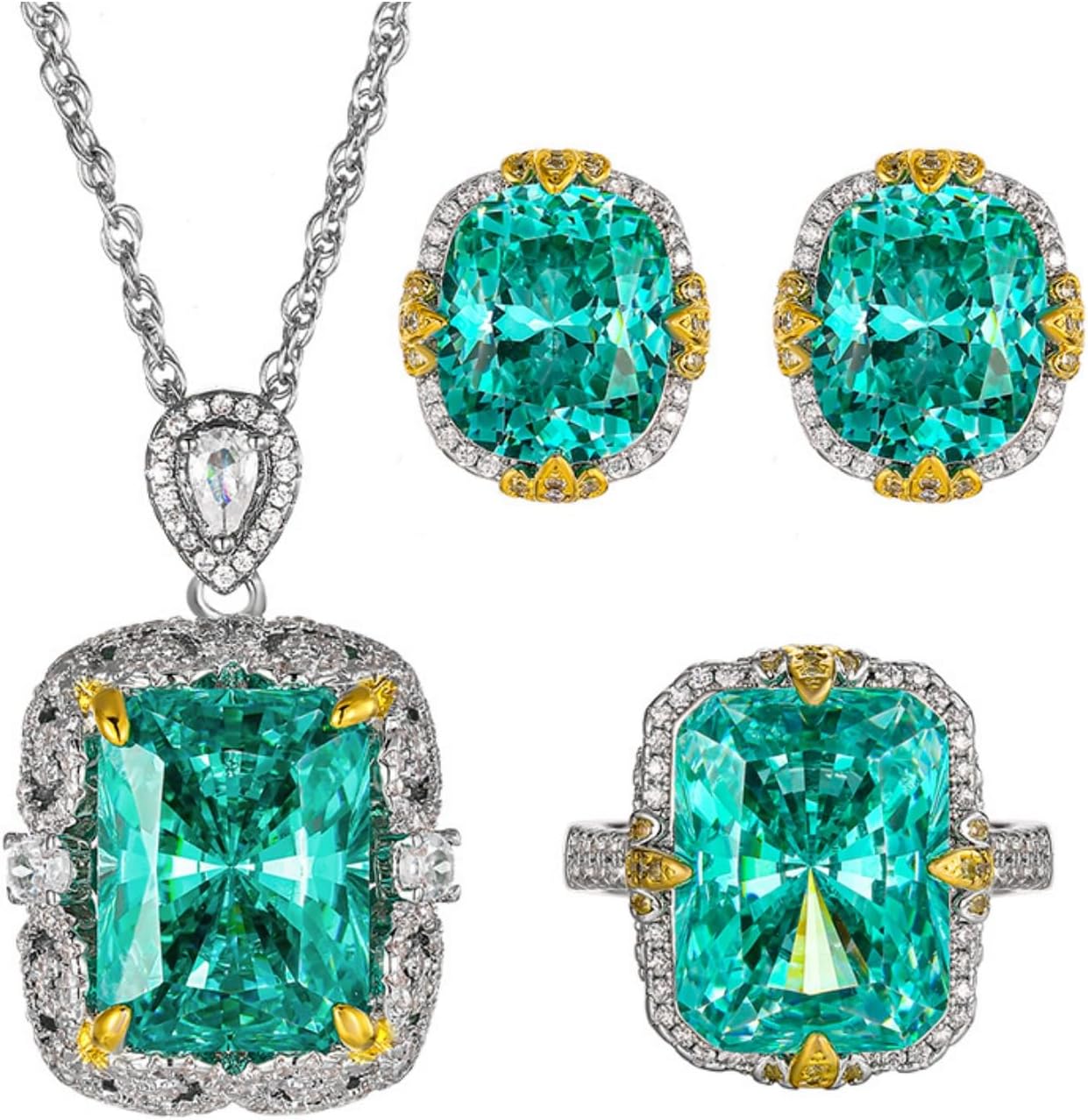 Jewelry Set with Turquoise Crystal Stones Necklace Earrings Ring Silver Tone with Gold Accents Halo Design,1set/pack Jewelry Set with Turquoise Crystal Stones Necklace Earrings Ring Silver Tone with Gold Accents Halo Design,1set/pack