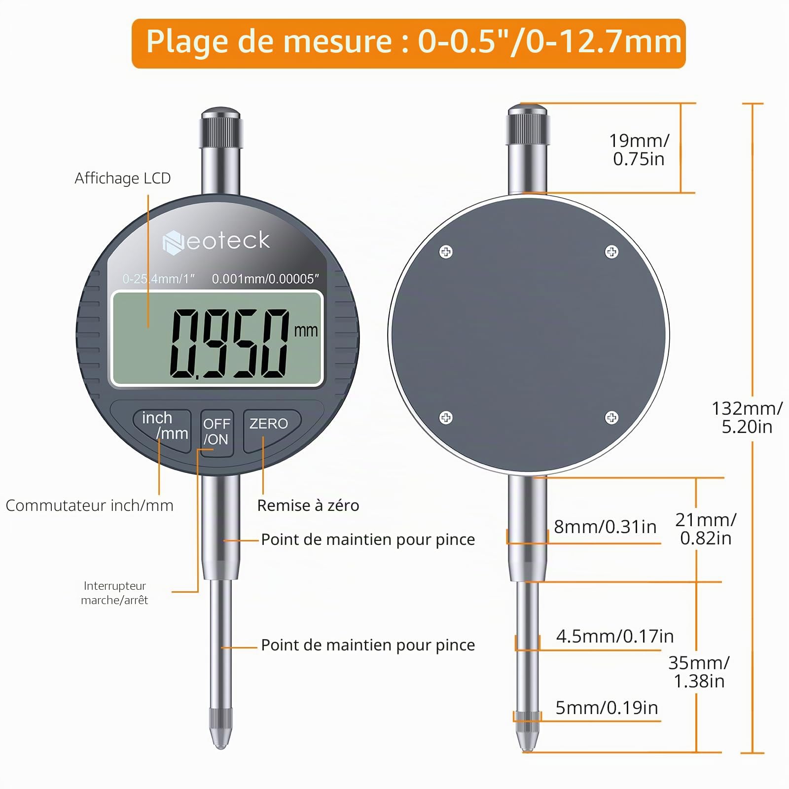 Neoteck 25.4mm/0.001mm Comparateur Numérique - Jauge de Précision Digitale à Affichage LCD Haute Résolution 0.00005" Conversion mm/pouce Zéro Instantané Outil de Mesure Électronique pour Atelier, Usin