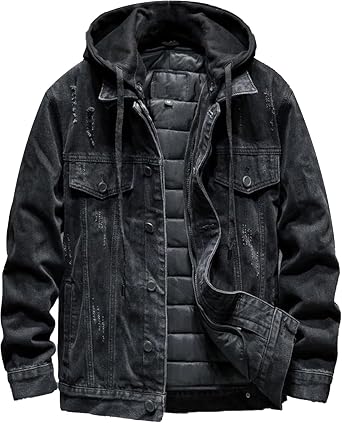 Hoodie Jean Jacket for Men Long Sleeve Slim Fit Casual Denim Jacket Distressed Trucker Outwear with Hood