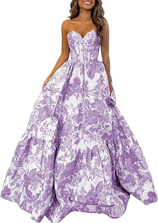 Strapless Prom Dresses 2025 Floral Satin Formal Dress Long Corset Sweetheart A Line Prom Party Gown with Pockets