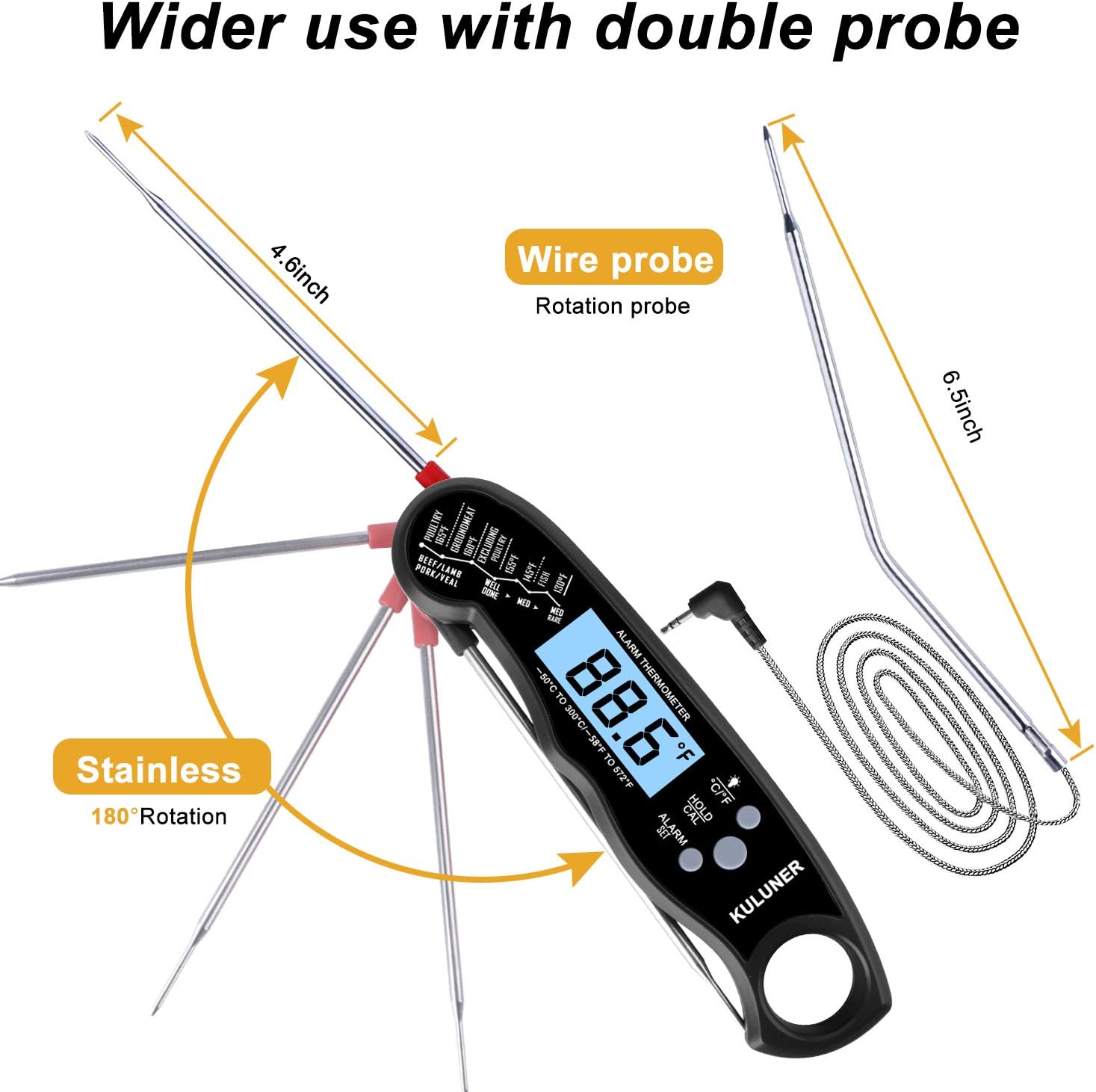 [KULUNER Upgrade] TP-05 2 in 1 Cooking Digital Meat Thermometer, Instant Reading Food Thermometer with Backlight Alarm Function Best for Outdoor BBQ, Steak and Roast Turkey (Black)