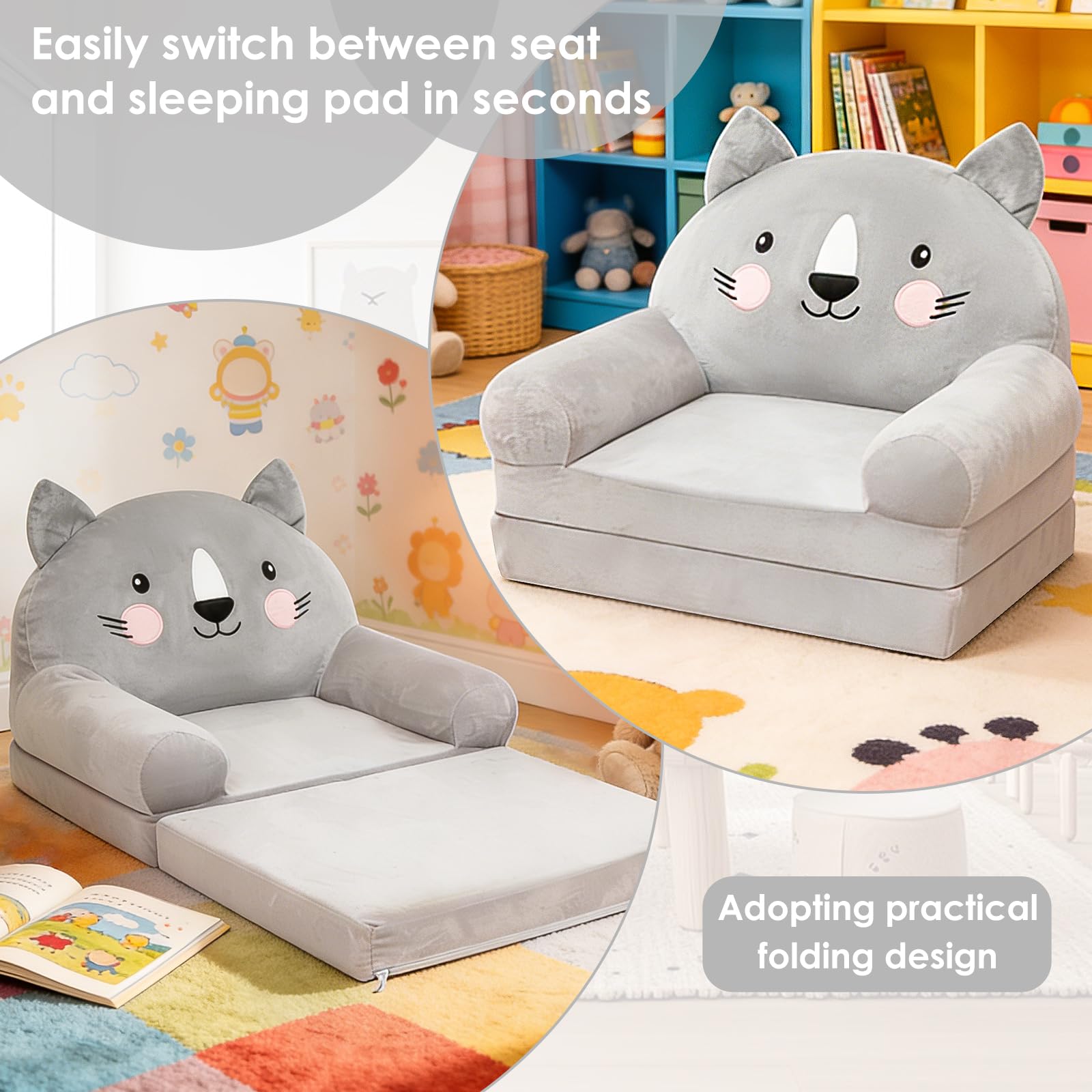 Kindersofa Ausklappbar 2 in 1 Spielsofa für Kinder,Kindersessel mit Schlaffunktion,Weich & Robust Mini Couch,Umwandelbares Liegestuhl zum Spielsofa Kinder Sessel ab 1 Jahren(Graue Katze)