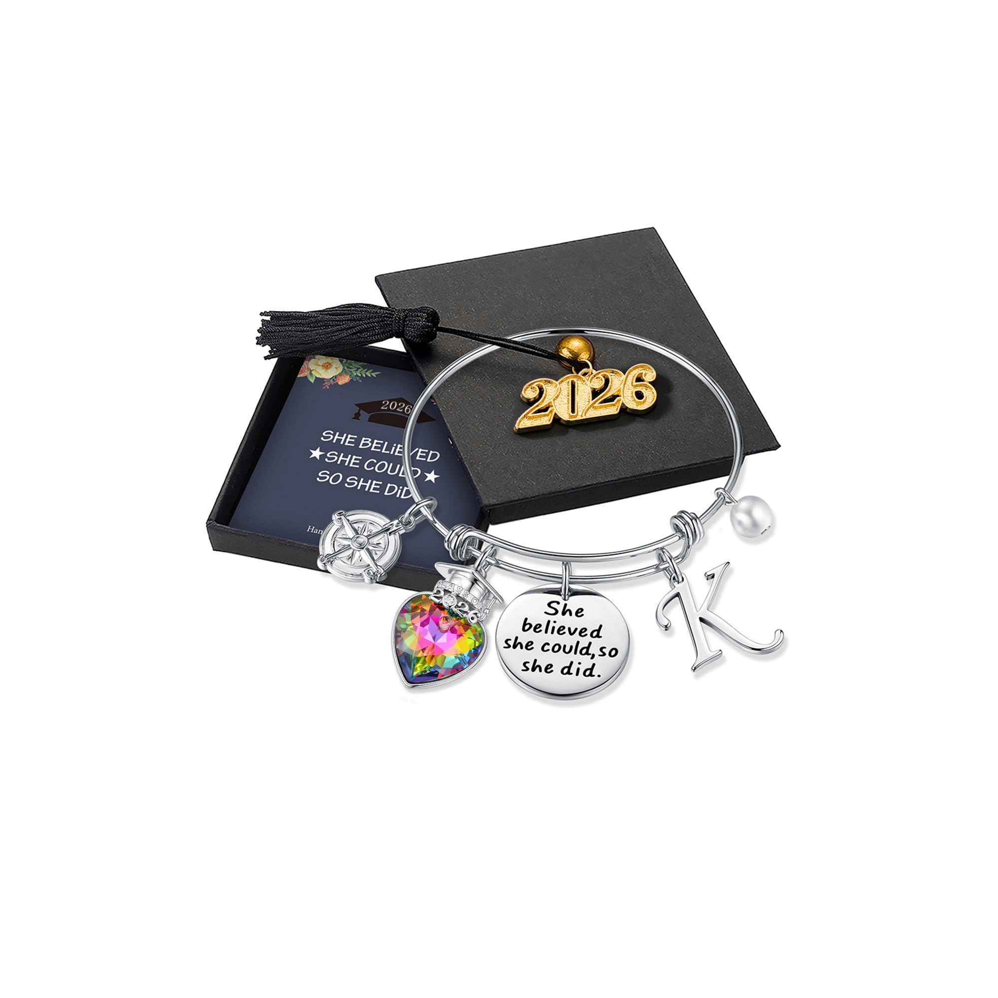 Turandoss Graduation Gifts for Her 2026 - Inspirational Compass Bangle Bracelet She Believed She Could So She Did Silver Initial Bracelets Class of
