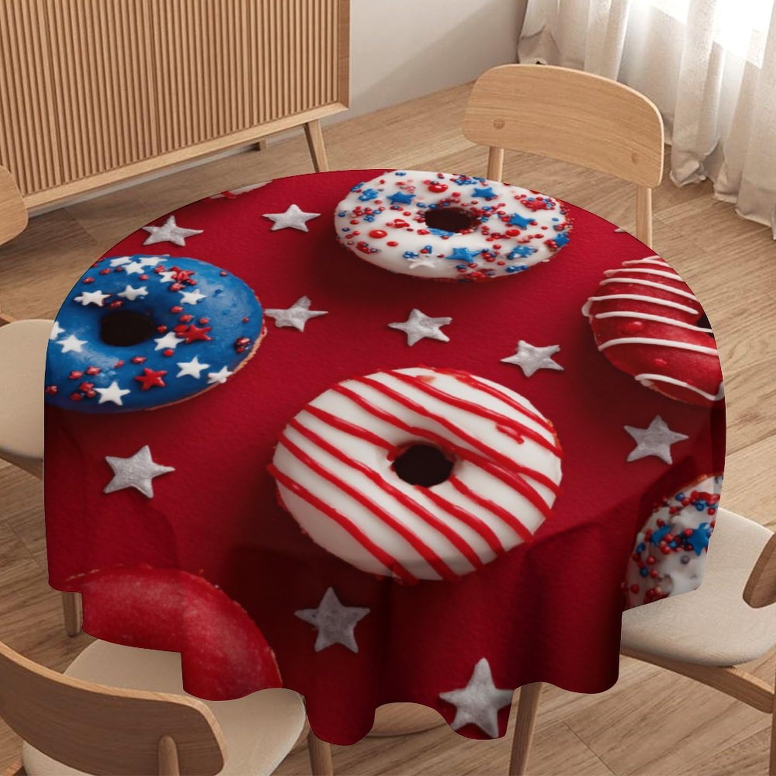 LUYYSKY Rustic Cartoon Patriotic Donut Round Tablecloth Retro Painting Art Food Donut Star Pattern Washable Decor for Table Cover for Kitchen-177.8" Wx177.8 L cm