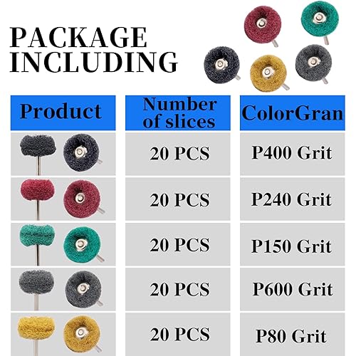 Miniatura 2 de Juego de 100 ruedas abrasivas de pulido de 1 pulgada con vástago de 18 pulgadas, 20 unidades cada una de 80, 150, 240, 400, 600, rueda abrasiva para