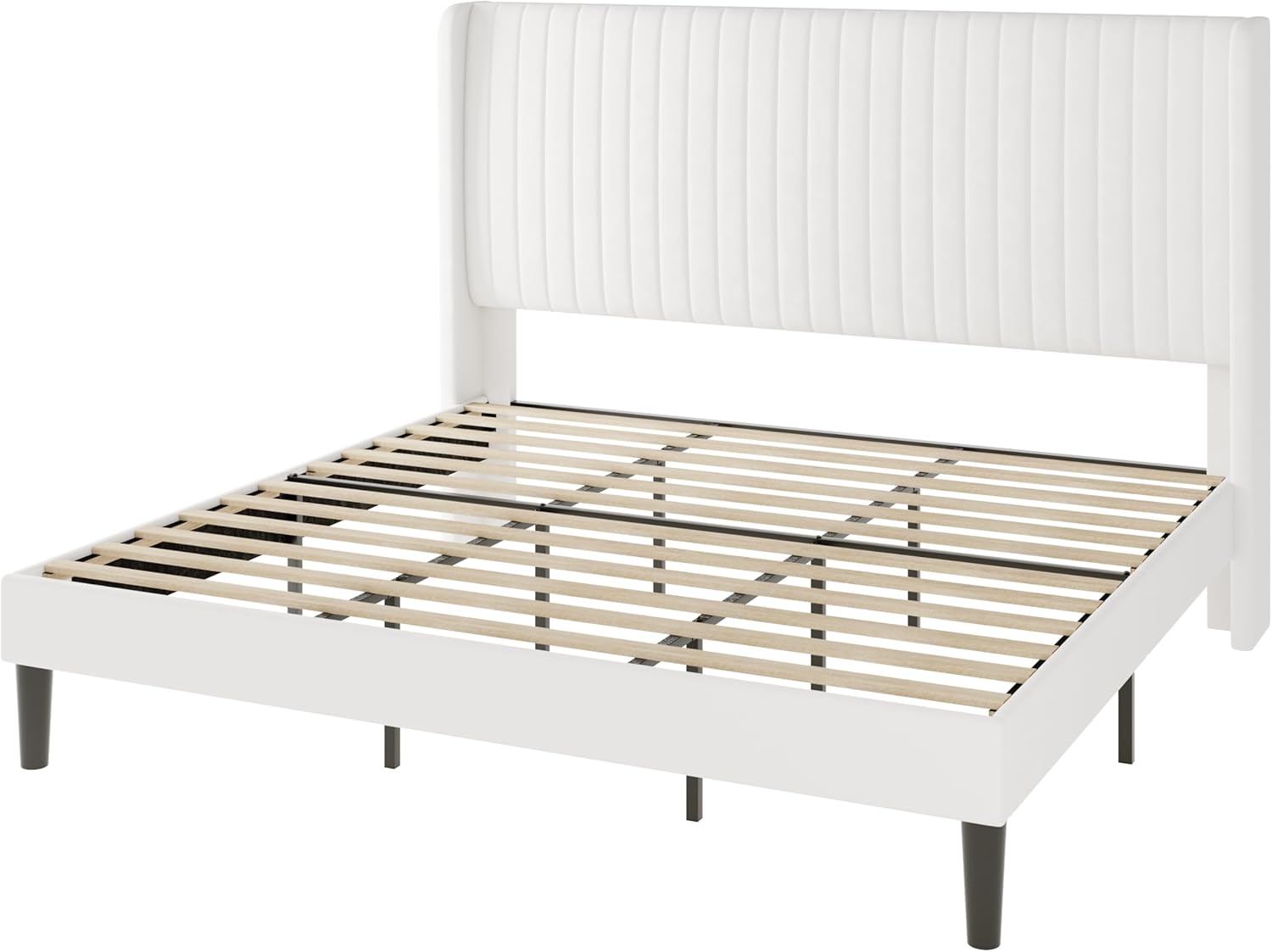 Allewie King Size Velvet Bed Frame/Vertical Channel Tufted Wingback Headboard/Upholstered Platform Bed/No Box Spring Needed/Strong Wooden Slats/Easy Assembly/White - Image 9