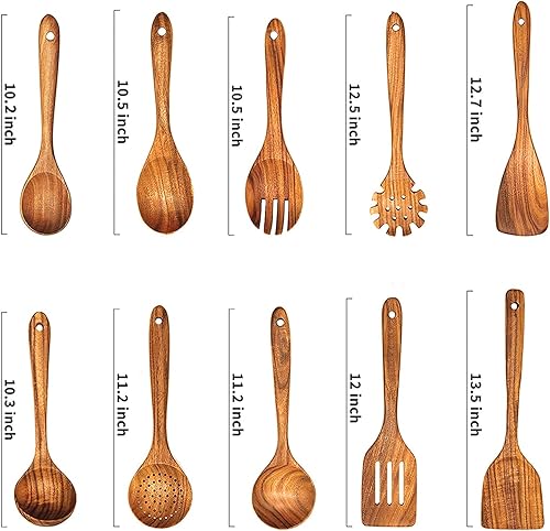 Miniatura 2 de 10 piezas de cucharas de madera para cocinar, juego de utensilios de cocina de madera de teca, espátulas para utensilios de cocina