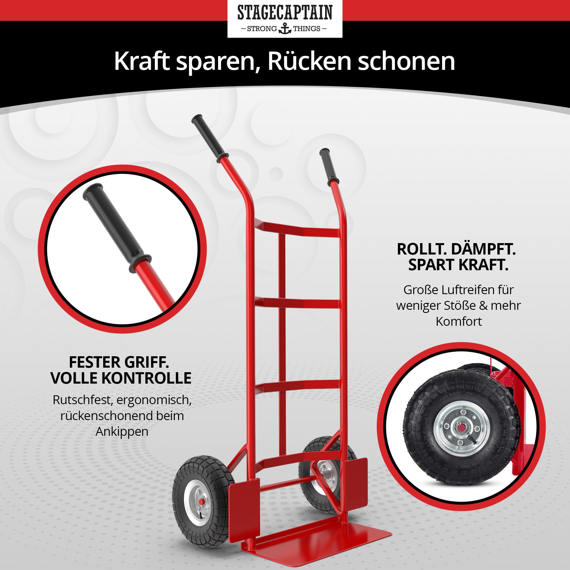 Stagecaptain Carryboy Sackkarre - 200 kg belastbar - Transportkarre für Umzug oder Getränkekisten - Robuster Stahlrahmen und Luftreifen mit 27 cm Ø - Handwagen mit Sicherheits-Haltegriffen - Rot