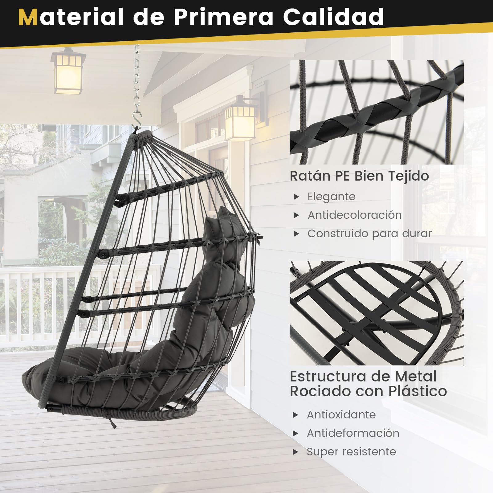 COSTWAY Silla Colgante Tipo Huevo, Cojín y Almohadilla, Columpio Colgante para Interior y Exterior, Sillon Colgante de Diseño Plegable, Carga 150kg