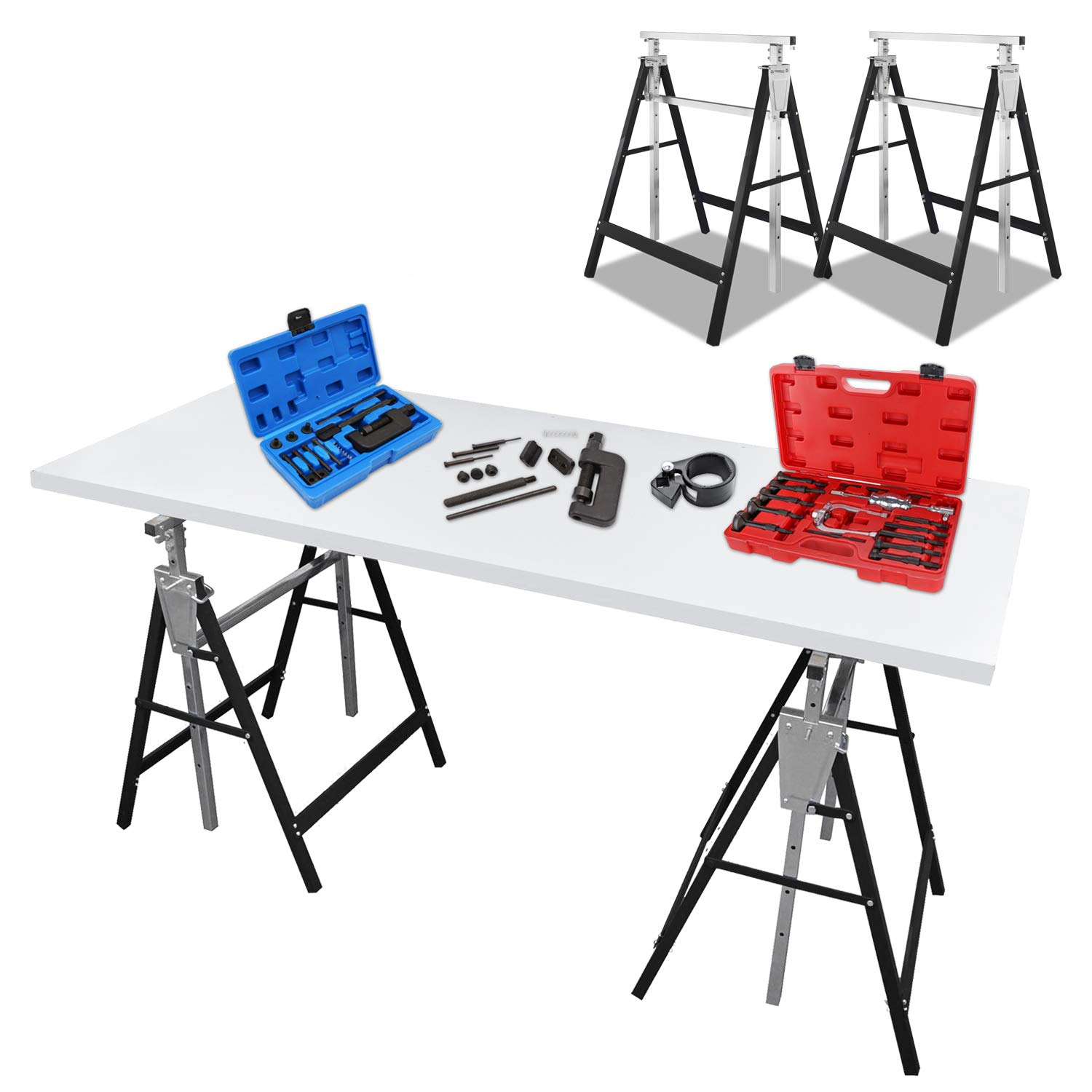 Juego de 2 caballetes de trabajo de altura ajustable, plegable, capacidad de carga de 200 kg, 7 posiciones de altura regulable de 80 a 130 cm, para aplicaciones versátiles