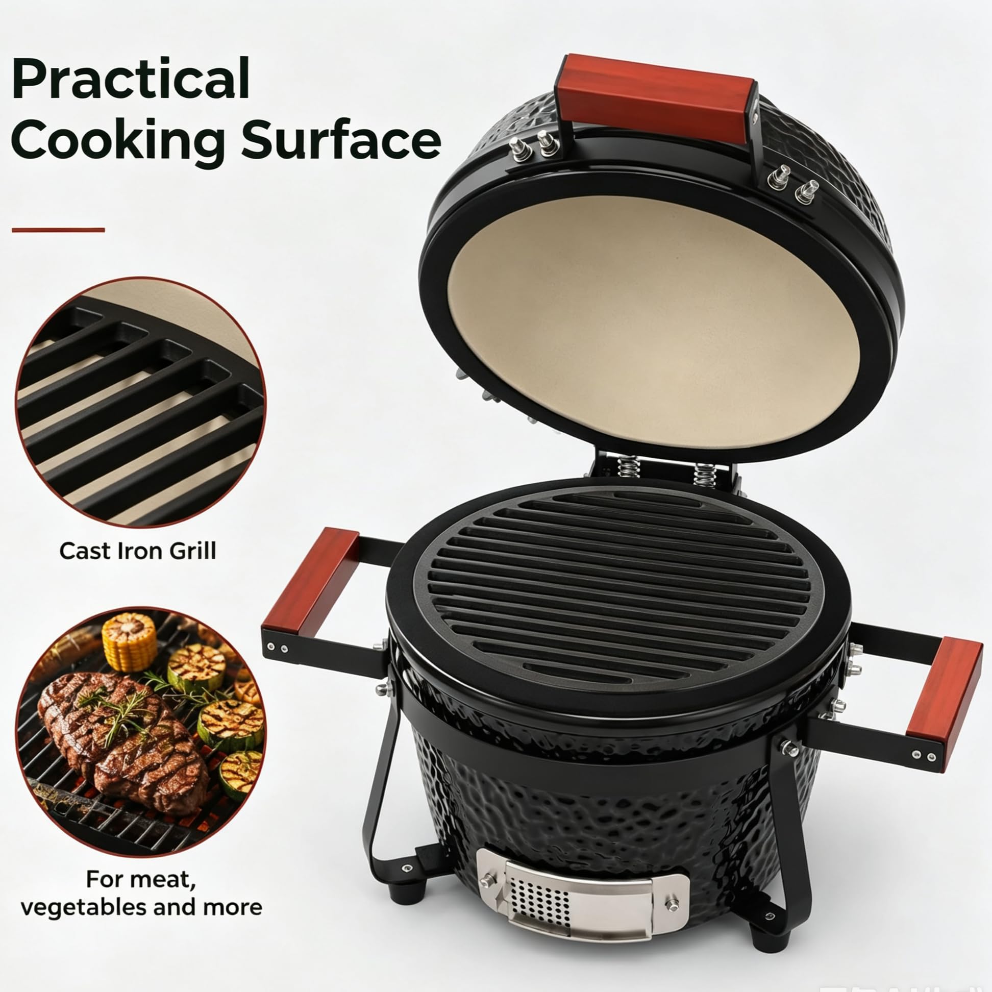 Barbacoa de carbón vegetal de 13 pulgadas Kamado Grill de cerámica para terraza, jardín, camping y picnic, color negro, para asar, ahumar y cocinar