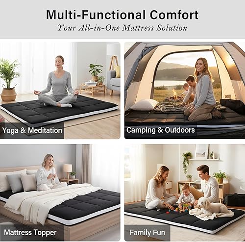 Miniatura 3 de Tiita Colchón japonés de suelo, colchón futón de 4 pulgadas de grosor con bolsa de almacenamiento y 2 correas, tapete de tatami para dormir tamaño