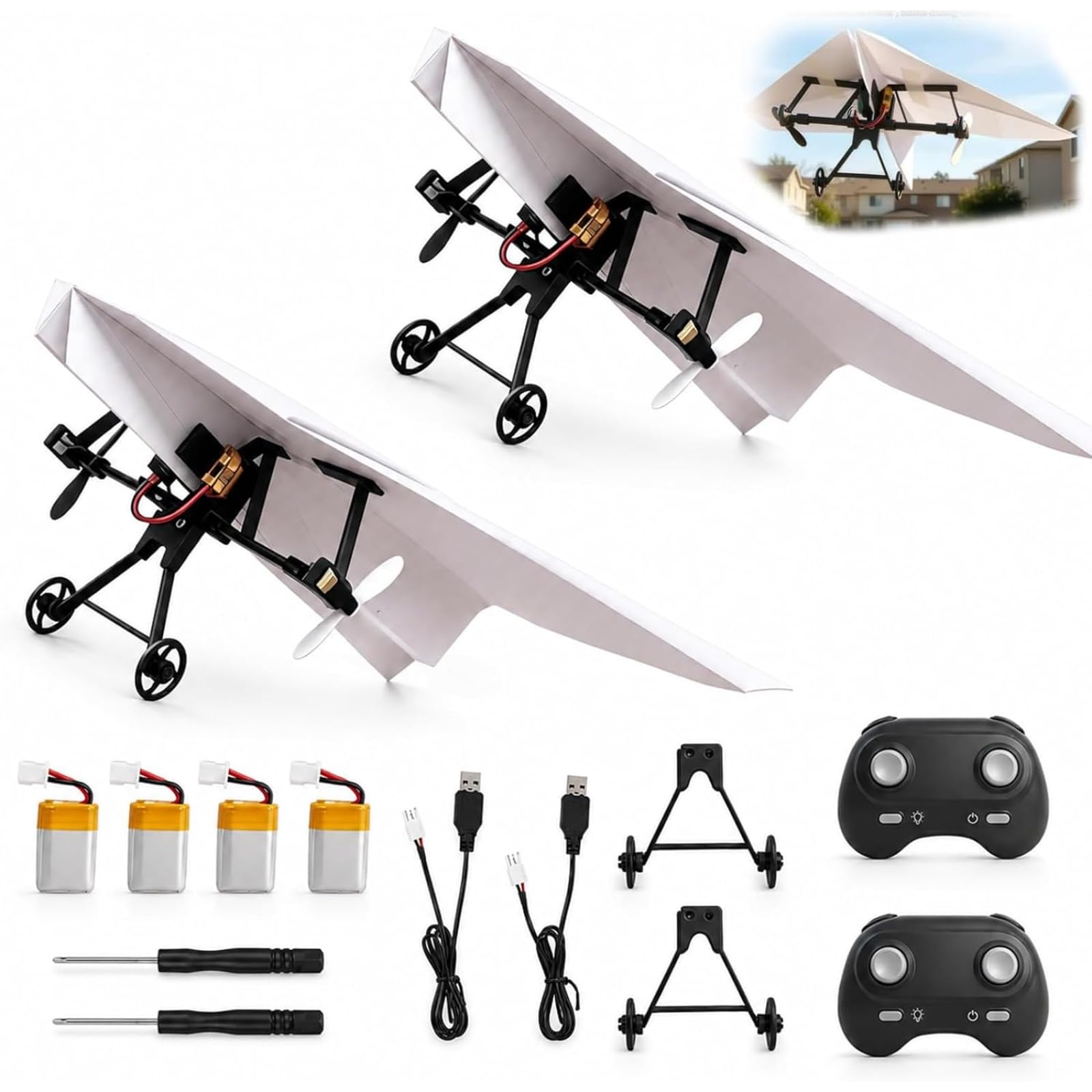 RC Paper Airplane DIY Kit, Electric Remote Control Plane with Gyro Stabilizer, Dual Propellers, Foldable Lightweight Glider for Hobbyists and Beginner Flyers, Micro Fixed-Wing Drone (2PCS)