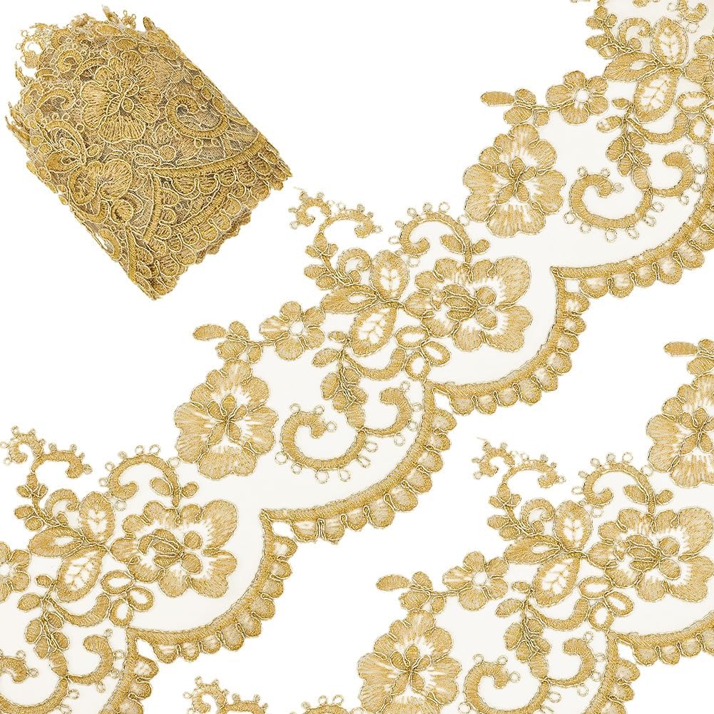 GORGECRAFT 5 Yards 5 Inch Width Gold Venice Lace Trim Metallic Flower Embroidery Lace Ribbon Sparkle Applique Sewing Floral Crown Edge Trimming for Curtain Tablecloth Slipcover Bridal Decor DIY Crafts
