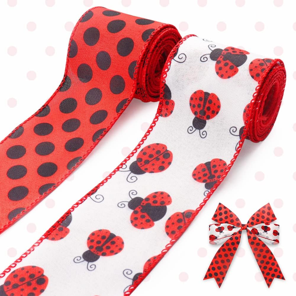 Amazon.com: Hying 2 Rolls Spring Ladybug Ribbons Wired for Wreath Bows ...