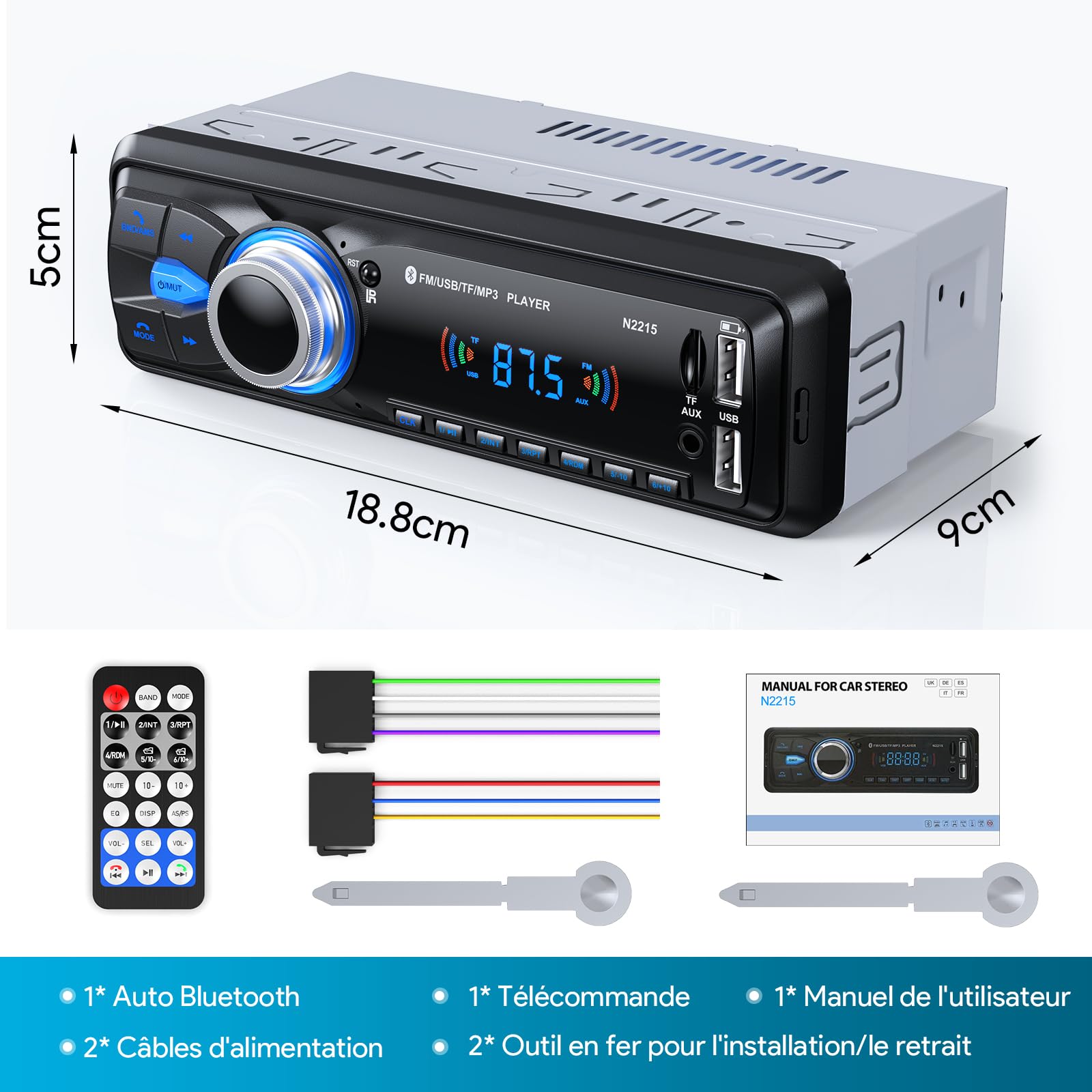 Autoradio Bluetooth Main Libre 5.0, FM Poste Radio Voiture Bluetooth, Autoradio 1 Din pour 9-12V Voiture Supporte 2 USB/AUX/SD/TF/MP3, Supporte iOS/Android