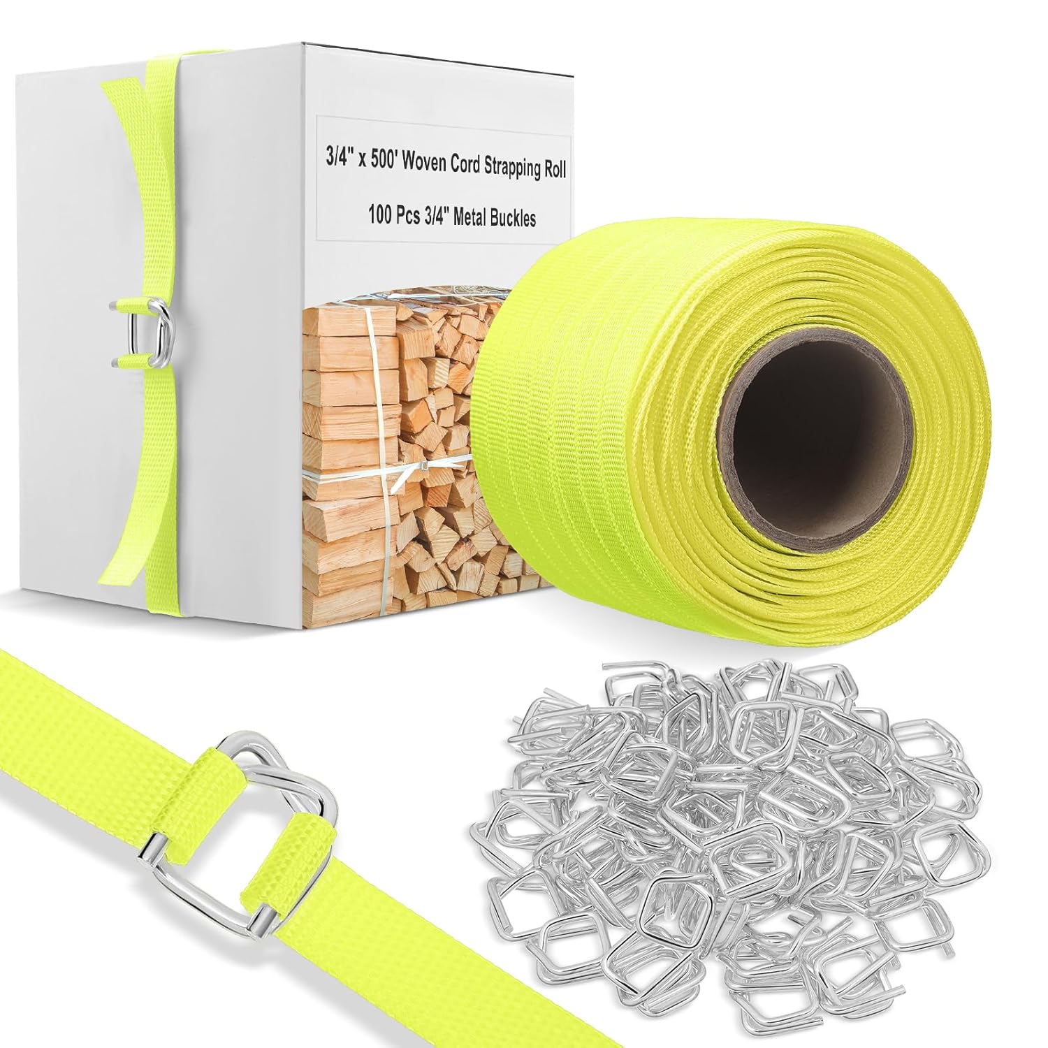 3/4" x 500' Woven Cord Strapping Kit, Woven Cord Banding Packaging Strapping Roll and 100 Pack Metal Wire Buckles, 2400 Lbs Break Strength
