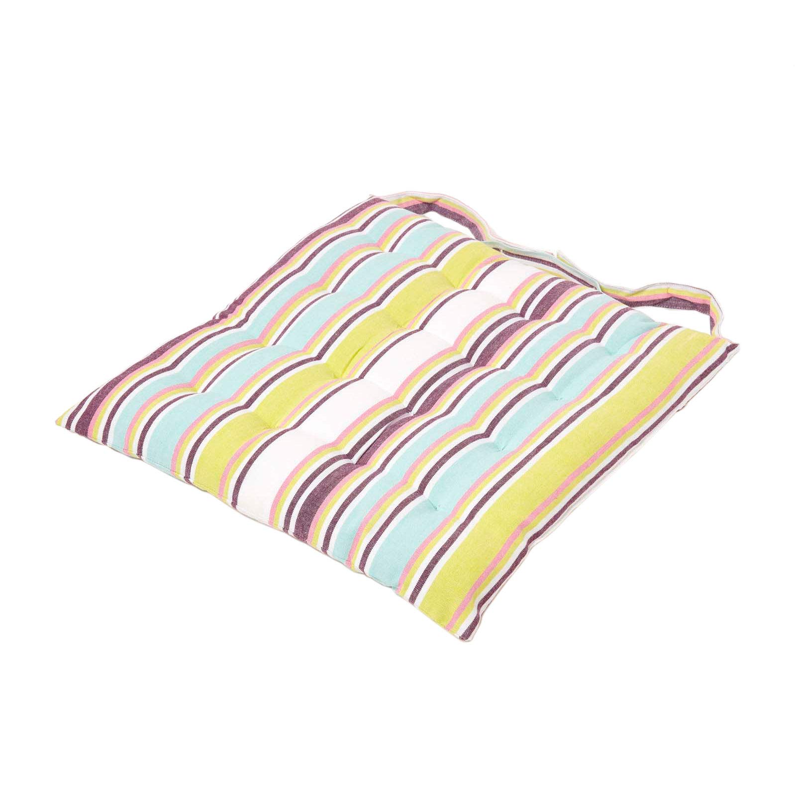 Homescapes Unisex Green Osaka Stripe Seat Pad W/ Button Straps 100% Cotton, 40 X 40Cm
