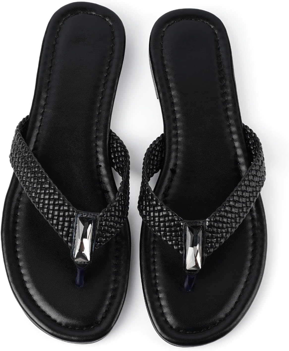 Women's Flip Flops Flat Thong Sandals for Women Round Toe Slip On Beach Sandals Comfortable Flat Heel Slippers Soft Woven Straps Embellished Gemstone Cute Dressy Casual - Image 5