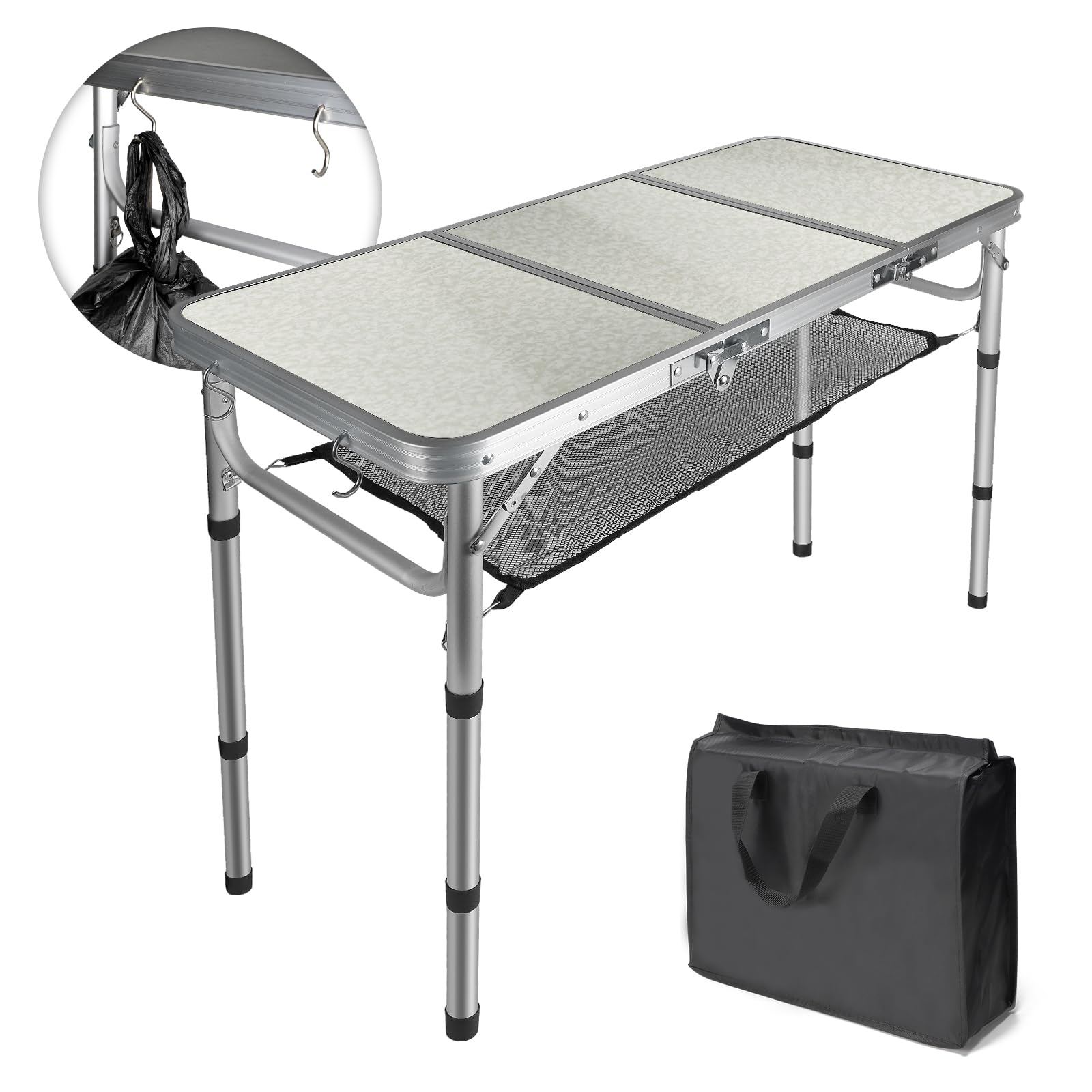 CPROSP Tavolo da Campeggio Portatile Pieghevole 90 * 40cm, da Picnic per Esterni Nero, Altezza Regolabile 26-70cm con Rete di Contenimento, Borsa per Il Trasporto Inclusa in Alluminio MDF 4 Persone