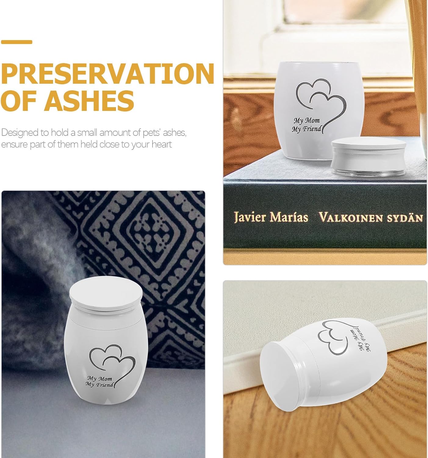 COLLBATH Small Decorative Memorial Ashes Urn with Double Heart Engraving Keepsake Cremation Urn for Human Ashes and Pet Hair White 40X30Mm for Burial and Display