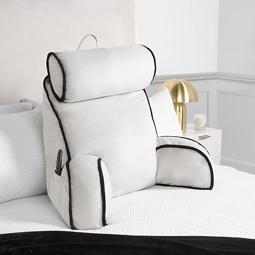 OHS Cuddle Cushion with Head Rest, Detachable Neck Roll Piped Edge Reading Pillow with Arms for Bed Sofa Super Soft Cosy High Back Support Cushion for Sitting Up in Bed, Cream - Cream - Piped Edge