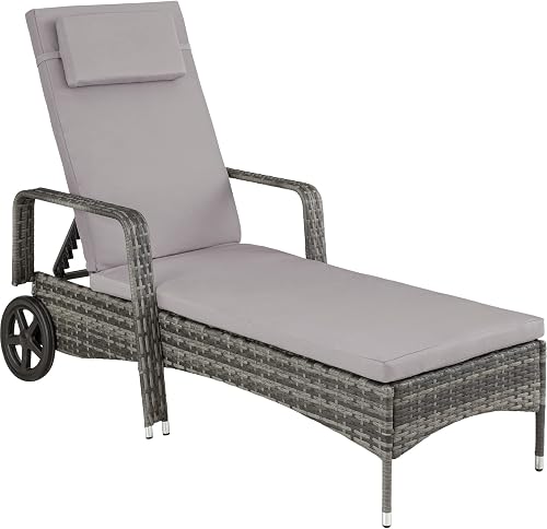 tectake®, Tumbona Chaise Longue, Ajustable de Poliratán con Ruedas, Mueble Exterior Sofa Acolchado para Jardín y Terraza, 6 Posiciones, Fácil de Limpiar, Moderno, Hamaca de Jardín - Gris/Gris Claro