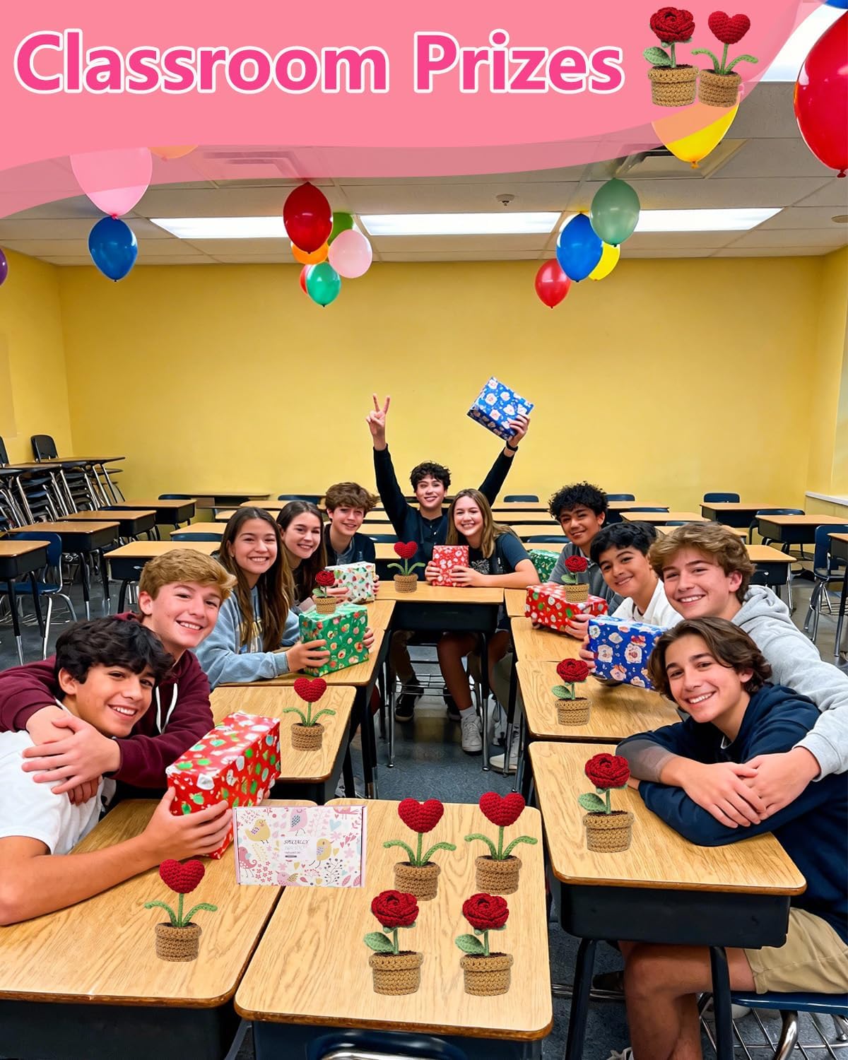 6 Pack Handmade Crochet Heart Flowers, Soft Cute Handcrafted Gifts Potted Decor for Classroom Prizes, Teacher Appreciation, Mother's Day Presents