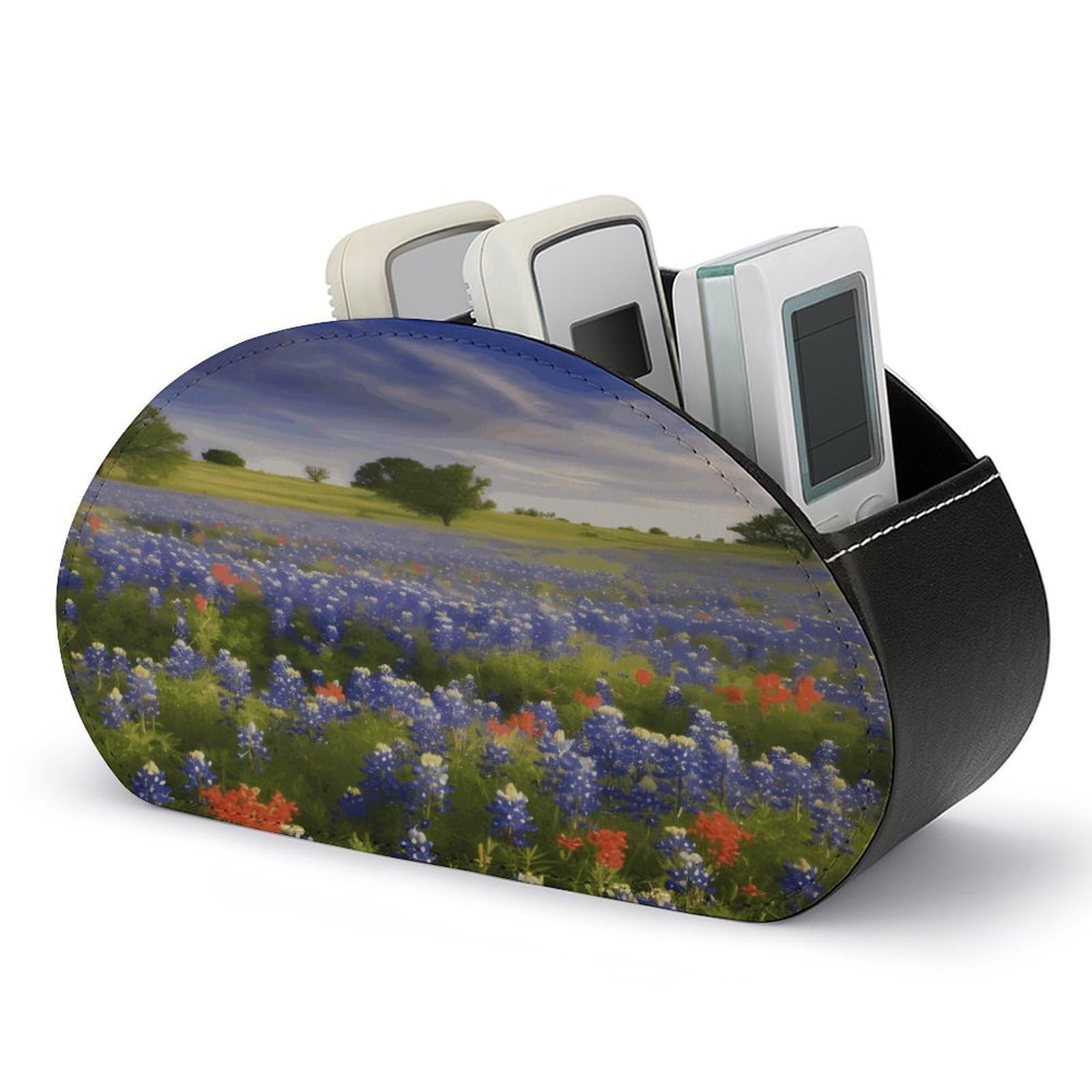 VstaDank Texas Bluebonnets Scenery Remote Control Holder with 5 Compartments PU Leather Remote Caddy Desktop Organizer Store TV Remote Control Storage Box for Home Office Desk Nightstand