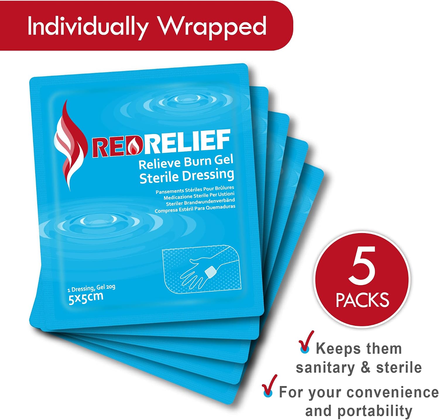 RedRelief Emergency Burn Dressing 5x5cm Pack of 5 - Cools, soothes and relieves Pain - Image 4