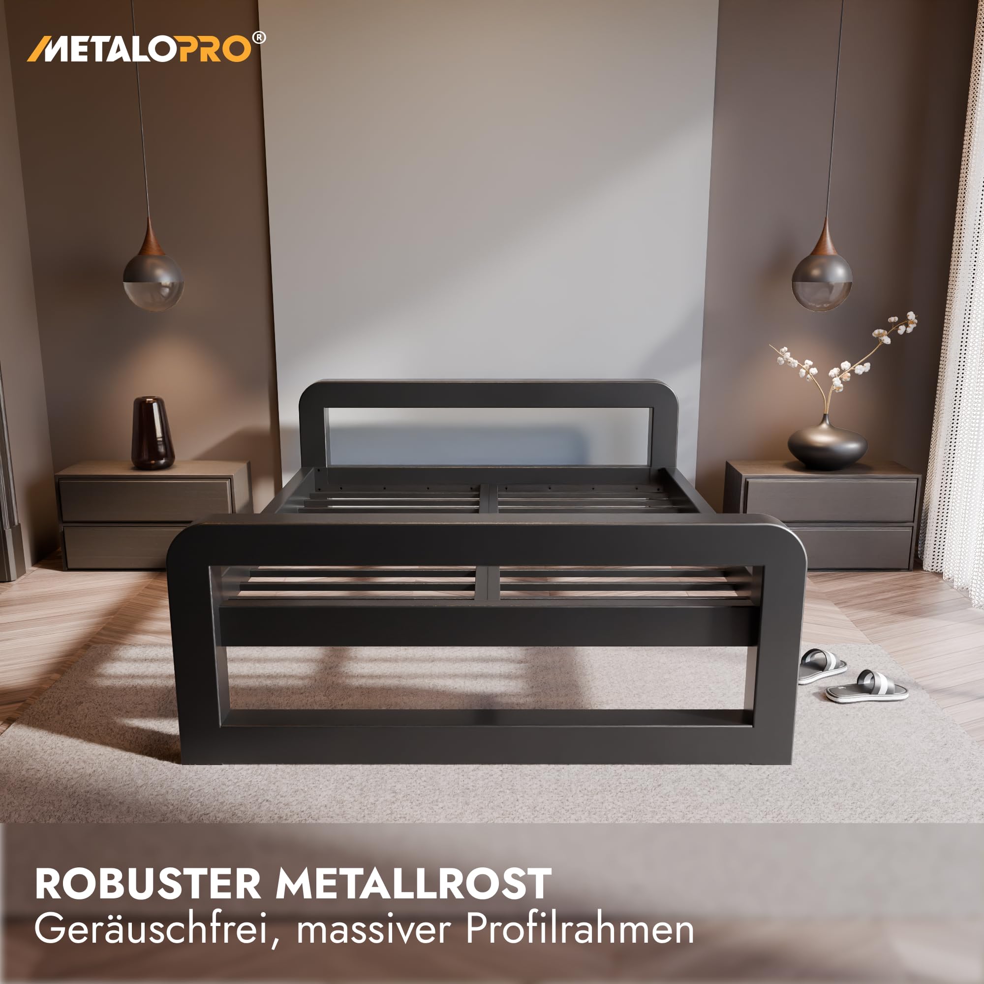 Massives Bettgestell – Metall Bettrahmen bis 1000 kg belastbar, Robuster Metallrost ohne Quietschen, Viel Stauraum, Schnelle Montage <15 Min, Modernes Design - 140x200 cm