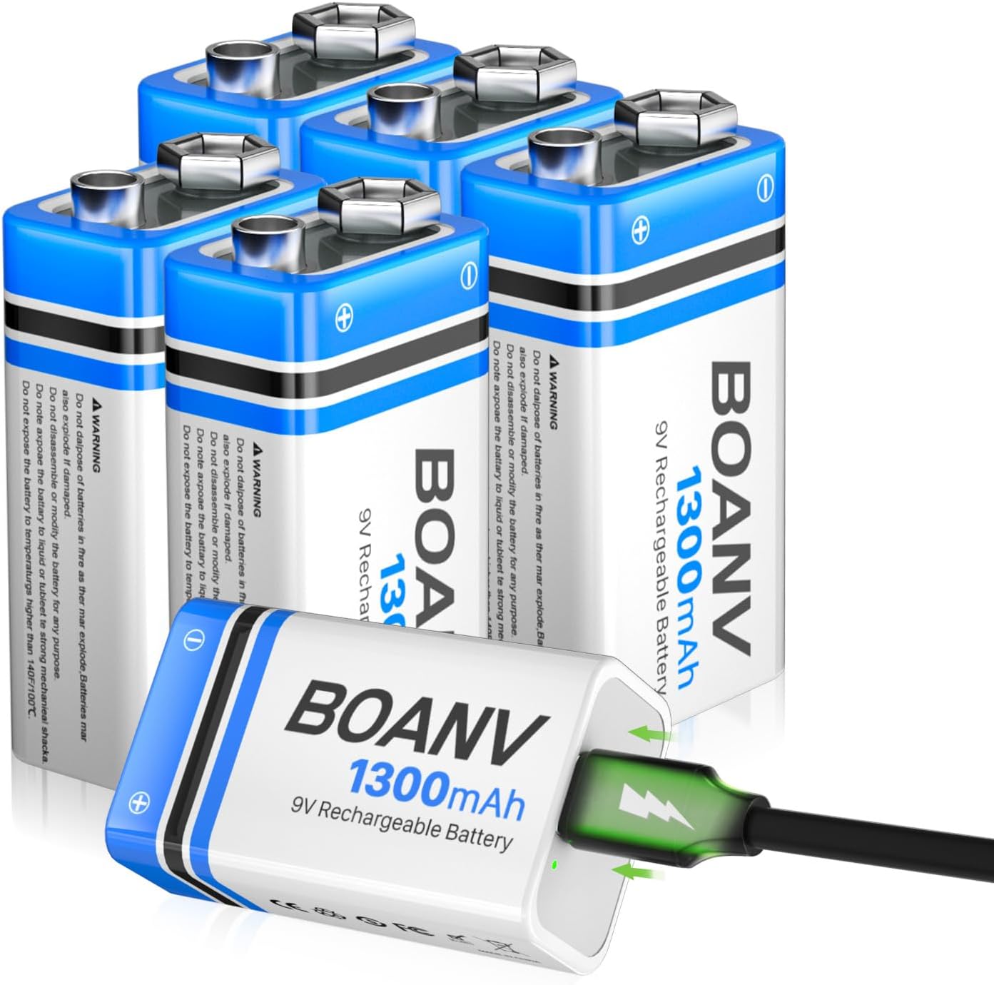 6PCS 1300mAh 9V Rechargeable Batteries, 9V Rechargeable USB Lithium Long Lasting Battery, with 2 in 1 Charging Cable, for Smoke Detectors, Alarms, Keypad, Microphone
