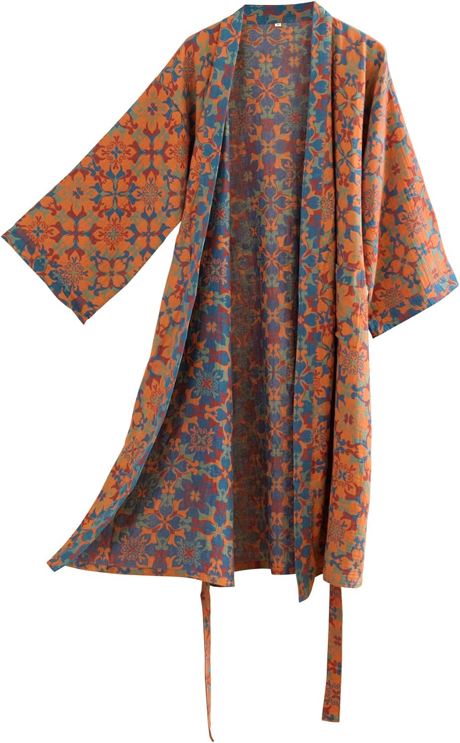 Purefair 100% Cotton Gauze Ginkgo Leaf Kimono Robe, Long Knit Loose Bathrobe Nightgown Ladies Loungewear Sleepwear for Women