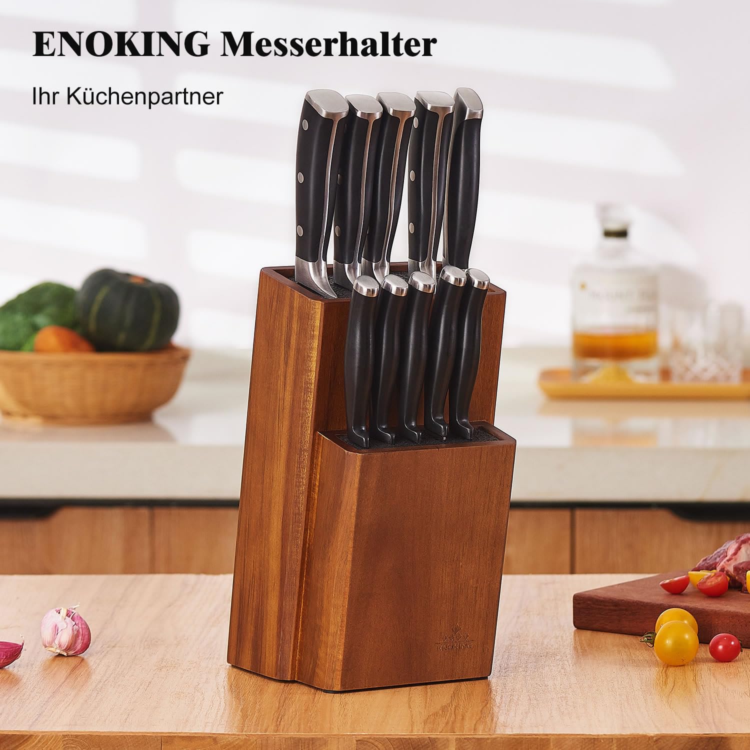 ENOKING Messerblock Aus Akazienholz Mit Abnehmbaren Kunststoffborsten - Universal Messerhalter für die Küchenzeile